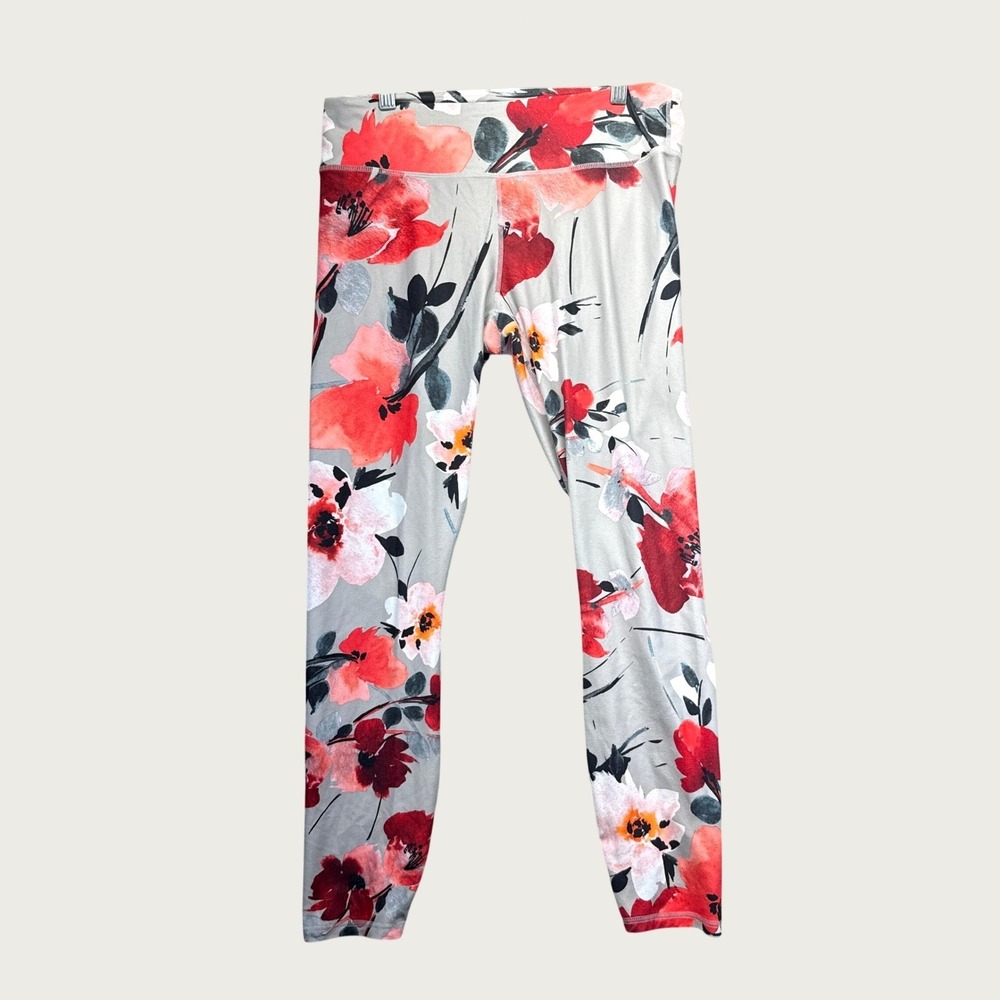 Fabletics Floral Leggings Womens Large Gray Red Lesotho Polyester Yoga 17040